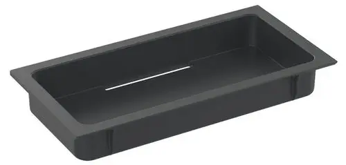 Schwarze, rechteckige Kunststoffwanne mit einer offenen Längsseite, geeignet für verschiedene Anwendungen. Produkt von Keuco.